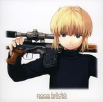  ahoge artist_request blonde_hair blue_eyes dragunov_svd eyebrows_visible_through_hair fingernails gun gunslinger_girl highres holding holding_weapon rico_(gunslinger_girl) rifle scan scope simple_background sniper_rifle solo weapon white_background yoke 