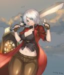  breasts church curvy dante_(devil_may_cry) devil_may_cry fingerless_gloves genderswap genderswap_(mtf) gloves green_eyes large_breasts leather leather_pants meme50 midriff pants rebellion_(sword) short_hair solo sword weapon white_hair wide_hips 