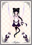  animal_ears ankle_boots bad_id bad_pixiv_id black_footwear black_hair blue_eyes boots bow braid cat_ears cat_tail checkered checkered_background full_body hair_bow inuneko long_hair looking_at_viewer looking_back original pink_bow simple_background single_braid solo spread_legs standing tail very_long_hair 