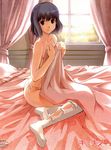  bed bed_sheet blue_hair curtains feet highres itosugi_masahiro kimi_kiss legs logo no_bra panties scan shijou_mitsuki short_hair side-tie_panties sitting solo thighhighs topless underwear underwear_only white_legwear white_panties window yokozuwari 