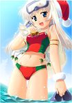  artist_request bikini blue_eyes breasts christmas copyright_request hat large_breasts long_hair multicolored multicolored_bikini multicolored_clothes ocean santa_hat solo swimsuit water white_hair 