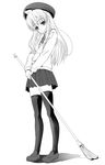  ahoge broom greyscale hat long_hair minami-ke minami_chiaki monochrome q-gaku school_uniform solo thighhighs 