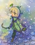  :d black_gloves blonde_hair coat coral_(summon_night) eyebrows_visible_through_hair gloves long_sleeves looking_at_viewer looking_back motion_blur oira_(kagaribi) open_mouth short_hair smile snow snowing solo standing stone_floor summon_night summon_night_4 winter_clothes winter_coat yellow_eyes 