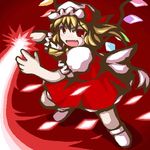  ascot blonde_hair fang flandre_scarlet fukaiton full_body hat hat_ribbon lowres mob_cap one_side_up open_mouth puffy_short_sleeves puffy_sleeves red_eyes red_ribbon red_skirt ribbon shoes short_sleeves skirt solo touhou wings 