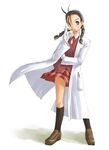  adjusting_eyewear antenna_hair bow braid brown_eyes brown_footwear brown_hair brown_legwear full_body glasses hakase_satomi kasuga_yukihito kneehighs labcoat legs_apart mahora_academy_middle_school_uniform mahou_sensei_negima! school_uniform shoes skirt solo standing twin_braids 