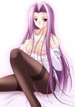  bare_shoulders covering covering_breasts fate/stay_night fate_(series) glasses long_hair narutaki_shin panties panties_under_pantyhose pantyhose purple_hair rider solo thighband_pantyhose underwear undressing 