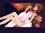  alcohol bare_shoulders blush breasts brown_eyes brown_hair china_dress chinese_clothes copyright_request crossed_legs cup dress drinking_glass dutch_angle legs letterboxed long_legs no_panties ooyari_ashito side_slit sitting skinny small_breasts solo thighs wine wine_glass 