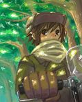  androgynous bangs black_eyes blush brown_gloves brown_hair fur_hat gloves green_jacket ground_vehicle hat jacket kino kino_no_tabi leather leather_jacket long_sleeves looking_away lowres motor_vehicle motorcycle nose_blush oekaki reverse_trap scarf shiny shiny_clothes short_hair solo tomboy tree white_scarf 