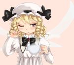  ;o black_bow black_neckwear blonde_hair blush bow bowtie brooch cup dress drill_hair fairy frills gem hat jewelry kusogappa long_sleeves looking_at_viewer luna_child mob_cap one_eye_closed parted_lips sleepy solo steam teacup touhou upper_body white_dress 