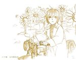  androgynous brown flower ground_vehicle hermes kino kino_no_tabi monochrome motor_vehicle motorcycle reverse_trap sketch solo sunflower 