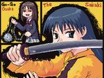  artist_request azumanga_daiou bruce_lee's_jumpsuit crossover kasuga_ayumu katana kill_bill lowres multiple_girls oekaki sakaki sword weapon 