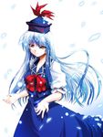  bangs blue_dress blue_hair bow closed_mouth dress eyebrows_visible_through_hair hat kamishirasawa_keine long_hair puffy_short_sleeves puffy_sleeves red_bow red_eyes short_sleeves simple_background solo takana_shinno touhou white_background 