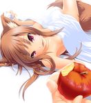 animal_ears apple bed_sheet blurry blush brown_hair depth_of_field fang food foreshortening fruit holo looking_at_viewer naked_sheet nilitsu nude purple_eyes red_eyes smile solo spice_and_wolf tail tsurime wolf_ears 