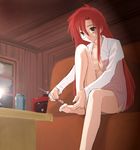  barefoot feet feet_on_chair glasses long_hair niwatori_kokezou no_pants open_clothes open_shirt pedicure red_hair shirt solo teacher tengen_toppa_gurren_lagann yellow_eyes yoko_littner yomako 