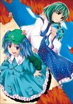  :d autumn_leaves backpack bad_id bag blue_eyes blue_hair blue_shirt blue_skirt blue_sky breasts buttons detached_sleeves dress flat_cap frilled_skirt frills frog_hair_ornament from_above green_backpack green_hair green_hat hair_ornament hat kawashiro_nitori key kochiya_sanae long_hair long_sleeves looking_at_viewer looking_up medium_breasts multiple_girls nontraditional_miko open_mouth pocket shirt short_hair short_twintails skirt sky smile snake_hair_ornament split_screen tano teeth touhou twintails two_side_up vest white_collar white_sleeves wide_sleeves yellow_eyes 