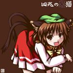  animal_ears brown_hair cat_ears cat_tail chen earrings fang fukaiton hat jewelry lowres multiple_tails short_hair solo tail touhou 