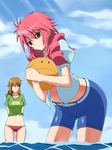  ball belt bikini_bottom blue_sky brown_hair buckle christina_sierra cloud creature date_(senpen) day feldt_grace green_eyes gundam gundam_00 haro holding long_hair looking_at_viewer multiple_girls outdoors pink_hair puffy_short_sleeves puffy_sleeves shirt short_sleeves shorts skin_tight sky standing t-shirt very_long_hair wading water 