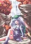  autumn closed_eyes forest kawashiro_nitori leaf nature solo subaru_noji touhou two_side_up water waterfall 