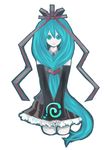  aqua_eyes aqua_hair cosplay cowboy_shot cropped_legs detached_sleeves front_ponytail fusion hair_ribbon hatsune_miku kagiyama_hina kagiyama_hina_(cosplay) kintaro long_hair ribbon solo touhou v_arms very_long_hair vocaloid 