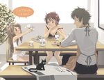  2girls bloomers cat child copyright_request family messy_hair multiple_girls muraji newspaper sitting table translation_request underwear 
