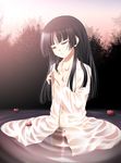  adjusting_hair bangs black_hair blunt_bangs covered_nipples enma_ai flat_chest flower hime_cut igul jigoku_shoujo lake long_hair navel open_clothes open_shirt outdoors red_eyes shirt sky solo sunset tears wading water wet 