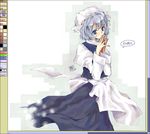  apron blue_eyes dress eyebrows fake_scrollbar hat honokan interlocked_fingers letty_whiterock long_sleeves oekaki short_hair silver_hair simple_background solo standing touhou translation_request 