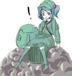  backpack backpack_removed bag blue_dress blue_eyes blue_hair boots collar dress hair_bobbles hair_ornament jewelry kawashiro_nitori key long_sleeves looking_at_viewer nanami_natsuki necklace pendant pocket rubber_boots solo thighhighs touhou two_side_up zettai_ryouiki 