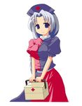  akase_rai blue_eyes blue_skirt braid breasts first_aid_kit hat large_breasts looking_at_viewer nurse_cap puffy_short_sleeves puffy_sleeves red_skirt short_sleeves simple_background single_braid skirt solo standing touhou white_background white_hair yagokoro_eirin 