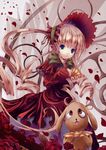 blonde_hair blue_eyes bonnet bow cup dress drill_hair flower highres kunkun lace long_hair petals red_dress ribbon rose rozen_maiden shinku smile solo teacup twintails very_long_hair yamamoto_nori 