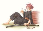  albert_chamomille asakura_kazumi barefoot kasuga_yukihito katana mahou_sensei_negima! sheath sheathed sitting solo sword weapon 