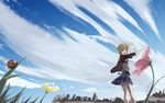  blonde_hair bug cityscape cloud copyright_request day flower insect ladybug moriyama_yuuki pointing short_hair sky solo wallpaper 