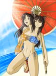  amiko_emiko animal_ears bathing_suit beach catgirl conjoined multi_head skimpy umbrella 