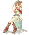  artist_request boots brown_eyes brown_hair cigarette cowboy_boots cowboy_hat full_body hat lighter marlboro orange_hair product_girl red_eyes sitting solo western 