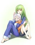  1girl :d ^_^ ^o^ bangs barefoot blunt_bangs c.c. closed_eyes code_geass couple denim full_body green_hair hair_between_eyes hetero hug jeans long_sleeves mao_(code_geass) open_mouth pants robe shirt silver_hair smile t-shirt toes yukitsuki_hisa 