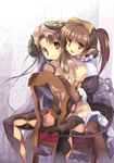  brown_eyes brown_hair copyright_request hanpen horns multiple_girls nude thighhighs twintails 