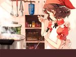  apron bandana blush brown_eyes brown_hair cooking food kitchen ladle lina_junhers ooyari_ashito quartett! short_hair solo whisk 