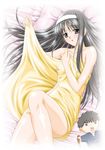  areolae bed black_hair blue_eyes blush breasts character_doll collarbone glasses hairband leg_up legs long_hair lying naked_towel o_o on_back open_mouth open_towel pillow pince-nez shinbo_tamaran small_breasts solo stuffed_toy toono_akiha towel tsukihime white_hairband 