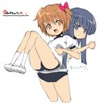  back-to-back blue_eyes blue_hair brown_eyes brown_hair copyright_request fang gym_uniform locked_arms long_hair multiple_girls oekaki onija_tarou stretch 