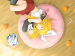  :&gt; bean_bag_chair cameo character_doll closed_eyes doll drink food fruit hatsune_miku kagamine_len kagamine_rin minyo o_o orange sleeping solo vocaloid 