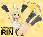  :d arm_warmers armpits arms_up bangs belt black_shorts blonde_hair blouse blue_eyes blush bow character_name copyright_name detached_sleeves falling full_body hair_bow hair_ornament hairclip headset kagamine_rin leg_warmers looking_at_viewer microphone navel open_mouth ribbon sailor_collar short_hair shorts sleeveless smile solo star starry_background swept_bangs tamura_hiro vocaloid white_blouse white_bow yellow yellow_background yellow_ribbon 