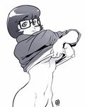  bottomless breasts dated glasses greyscale medium_breasts monochrome qiqo scooby-doo shirt_lift short_hair simple_background sleeves_pushed_up solo underboob velma_dace_dinkley white_background 