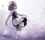  apron bloomers eyebrows_visible_through_hair full_body hirosato letty_whiterock long_sleeves open_mouth purple_eyes purple_hair short_hair simple_background skirt skirt_set snow socks solo touhou underwear white_background white_bloomers white_legwear 