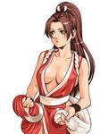  breasts brown_eyes brown_hair cleavage fatal_fury large_breasts long_hair lowres nakano_tomokazu no_bra official_art pelvic_curtain ponytail rope shiranui_mai sideboob snk solo the_king_of_fighters the_king_of_fighters_neowave wristband 