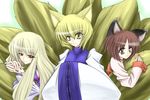  animal_ears artist_request blonde_hair brown_eyes brown_hair cat_ears chen earrings fox_ears fox_tail hug jewelry long_hair long_sleeves multiple_girls multiple_tails no_hat no_headwear red_eyes short_hair tail tail_hug touhou wide_sleeves yakumo_ran yakumo_yukari yellow_eyes 