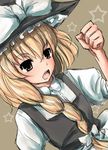  :o bangs black_hat black_vest blonde_hair bow braid brown_background brown_eyes clenched_hand dutch_angle eyebrows_visible_through_hair flat_chest hair_bow hat hat_bow kirisame_marisa long_hair mishima_hiroji open_mouth shirt single_braid sketch solo star touhou upper_body vest white_bow white_shirt witch_hat 
