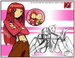  1girl back-to-back charlie_brown couple cracking_knuckles flat_chest gnaw hetero hime_cut inset little_red_haired_girl long_hair midriff navel parody peanuts red_eyes red_hair sketch style_parody suspenders 