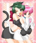  animal_ears artist_request aya_kobayashi cat_ears cosplay green_eyes green_hair kuro_(srw) mai_kobayashi midriff multiple_girls one_eye_closed pink_hair purple_eyes shiro_(srw) super_robot_wars super_robot_wars_original_generation super_robot_wars_the_lord_of_elemental tail 