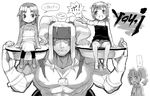  3girls :d alex_(street_fighter) amami_haruka bangs collarbone crossover greyscale haruno_shuu idolmaster idolmaster_(classic) idolmaster_1 kisaragi_chihaya long_hair looking_at_viewer monochrome multiple_girls muscle open_mouth over_shoulder parted_bangs sitting size_difference smile street_fighter takatsuki_yayoi tray very_long_hair 