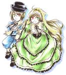  ahoge blonde_hair blue_dress doll dress full_body green_dress green_eyes grin head_scarf heterochromia layered_dress long_hair looking_at_viewer multiple_girls red_eyes rozen_maiden rozen_maiden_traumend short_hair siblings simple_background sisters smile souseiseki standing suiseiseki twins very_long_hair white_background 