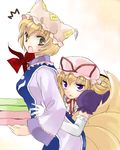  blonde_hair coco_(artist) elbow_gloves fox_tail gap gloves hat hat_ribbon hug hug_from_behind long_hair long_sleeves lowres multiple_girls open_mouth pillow_hat ribbon short_hair short_sleeves sweat tabard tail tassel touhou white_gloves wide_sleeves yakumo_ran yakumo_yukari 